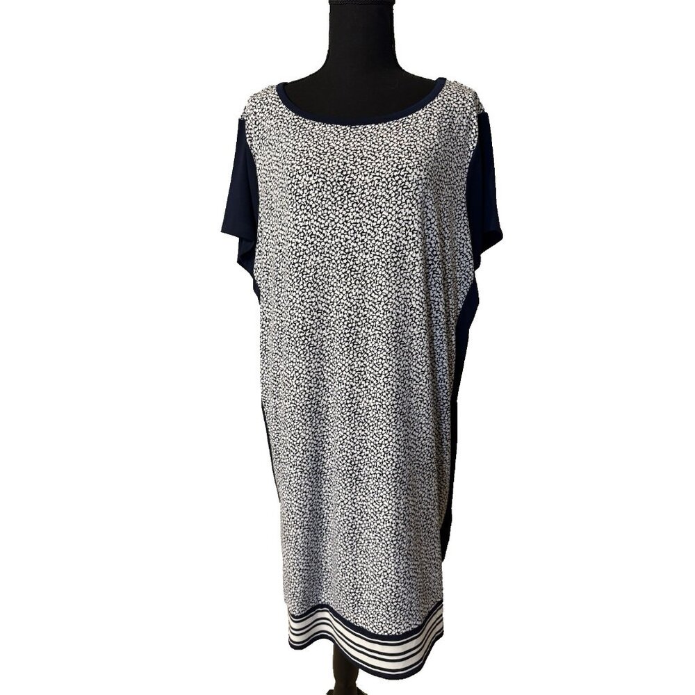 Michael Kors Shift Dress 2X Navy Blue Ivory White Short Sleeve Washable NEW - Picture 2 of 12